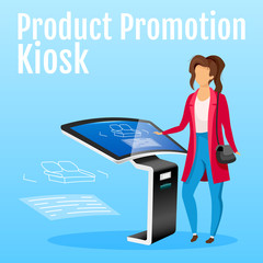 Poster - Product promotion kiosk social media post mockup. Freestanding interactive machine web banner design template. Woman with touch screen monitor content layout. Poster and flat illustration