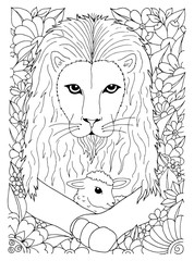 Wall Mural - Illustration. Leo surrounded by flowers hugging lamb. Coloring book. Antistress for adults and children. The work was done in manual mode. Black and white.