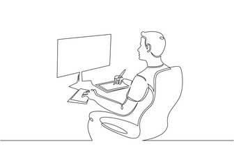 Poster - continuous single drawn one line designer looks working monitor