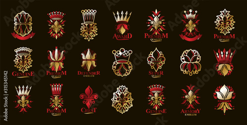Cuadros en Lienzo De Lis and crowns vintage heraldic emblems vector big set, antique heraldry symbolic badges and awards collection with lily flower symbol, classic style design elements, family emblems