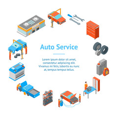 Poster - Auto Service 3d Banner Card Circle Isometric View. Vector
