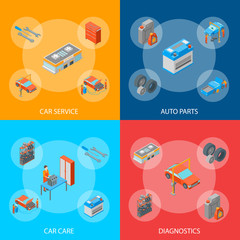 Poster - Auto Service 3d Banner Set Isometric View. Vector