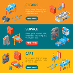 Poster - Auto Service 3d Banner Horizontal Set Isometric View. Vector