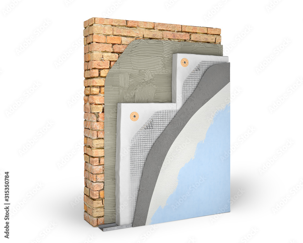 Layered scheme of exterior wall insulation with polystyrene foam, 3d illustration - obrazy, fototapety, plakaty 