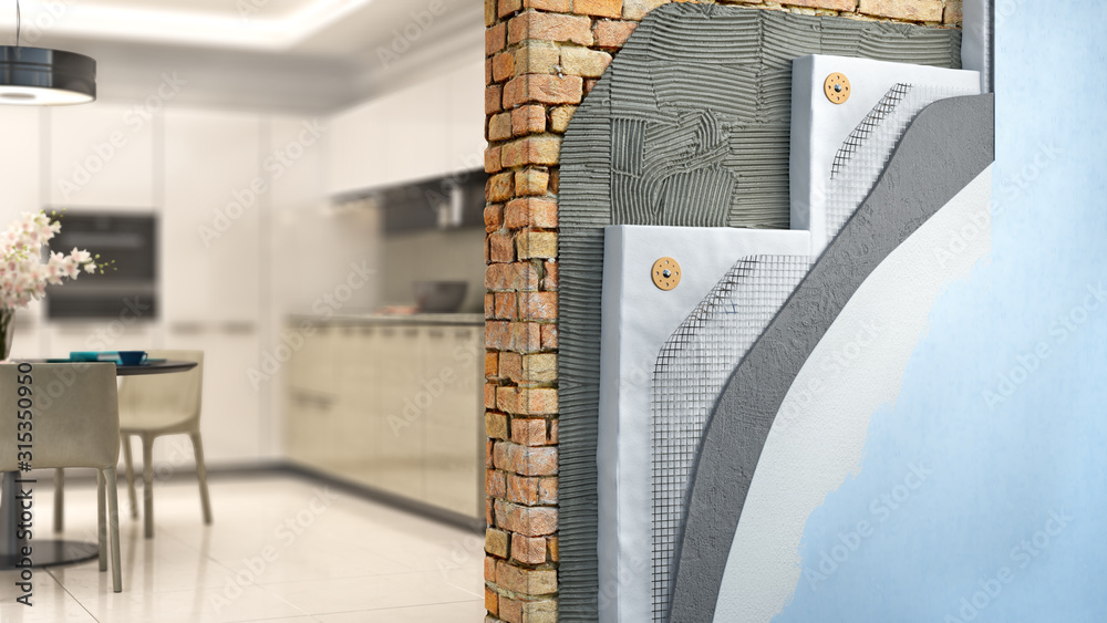 Brickwall thermal insulation by styrofoam with kitchen interior on background, 3d illustration - obrazy, fototapety, plakaty 