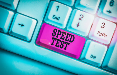Poster - Word writing text Speed Test. Business photo showcasing psychological test for the maximum speed of performing a task White pc keyboard with empty note paper above white background key copy space