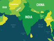 South Asia map - green hue colored on dark background. High detailed political map of southern asian region and Indian subcontinent with country, capital, ocean and sea names labeling