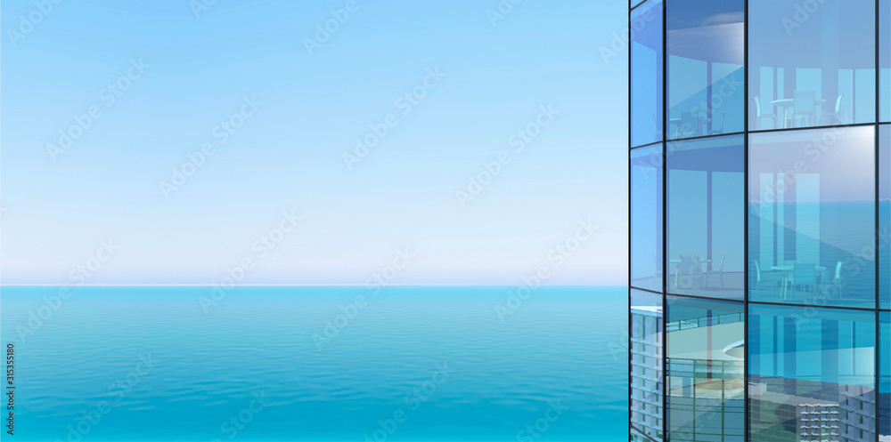 Facade of a skyscraper and sea view - obrazy, fototapety, plakaty 