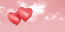 Couple Of Red Balloons On Love Sky And Pink Background With Valentine Day Festival. Romantic Hearts For Wedding Decoration Party Style. 3D Rendering.