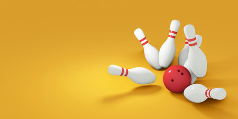 Wall Mural - Red bowling ball striking against pins. 3d render