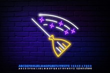 Witchs Broom Neon Sign. Witchs Broom For Flying. Night Bright Advertisement. Vector Illustration In Neon Style For Halloween And Accessory