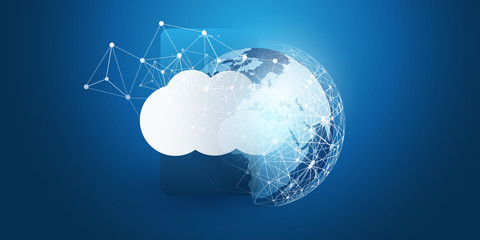 Poster - Cloud Computing Design Concept - Digital Connections, Technology Background with Earth Globe, World Map and Geometric Network Mesh