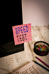 Poster - Handwriting text writing Speed Test. Conceptual photo psychological test for the maximum speed of performing a task Note paper taped to black computer screen near keyboard and stationary