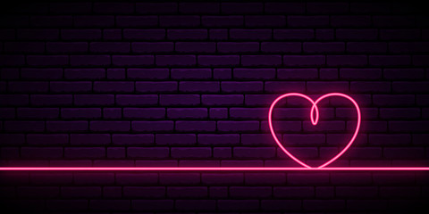 Wall Mural - Valentine's background with neon pink heart one line on dark background. Bright lighting love heart. Valentine's day vector horizontal banner.
