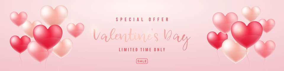 Sticker - Long Horizontal Valentine's Day Sale Banner. Composition with 3d realistic balloon hearts. Vector illustration for website, brochure, Wallpaper, flyers, invitation, banners.