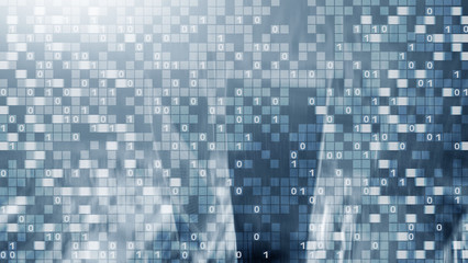Digital code on blur city background. Abstract Binary code.