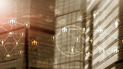 Wall Mural - social media concept on futuristic city background.