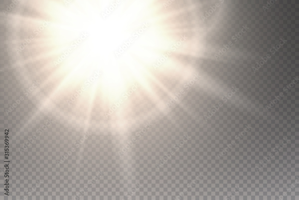 Vector transparent sunlight special lens flash light effect.front sun lens flash. Vector blur in the light of radiance. Element of decor. Horizontal stellar rays and searchlight. - obrazy, fototapety, plakaty 