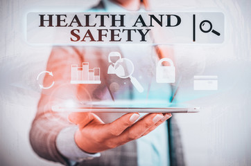Poster - Text sign showing Health And Safety. Business photo text procedures intended to prevent accident in workplace Presenting hand blue glow text icons futuristic modern technology tech look