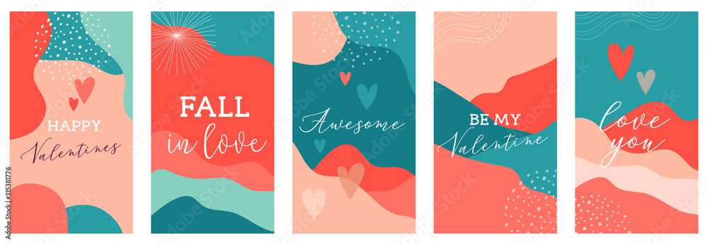 Vector set of Valentines day abstract backgrounds with copy space for text - banners, posters, cover design templates, social media stories wallpapers. Vector design - obrazy, fototapety, plakaty 