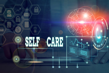 Writing note showing Self Care. Business concept for the practice of taking action to improve one s is own health Picture photo network scheme with modern smart device