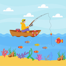 Cute Boy Fishing In A Boat With Fishing Rod. Vector Illustration Design Cartoon Style For Print, Card, Children Game