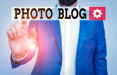 Poster - Handwriting text Photo Blog. Conceptual photo form of photo sharing and publishing in the format of a blog Businessman in blue suite and white shirt pointing with finger in empty space