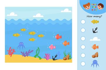 Educational game for kids. How many. Underwater world. Printable worksheet for children. Puzzle. Vector illustration