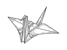 Origami Crane Paper Bird Sketch Engraving Vector Illustration. T-shirt Apparel Print Design. Scratch Board Imitation. Black And White Hand Drawn Image.