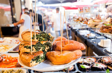 Spinach Pie, Grilled Vegetables, Local Street Snacks On Stall Of Traditional Food Market