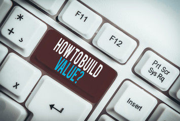 Poster - Text sign showing How To Build Value Question. Business photo showcasing Ways for developing growing building a business White pc keyboard with empty note paper above white background key copy space