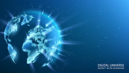 Poster - Blue futuristic background with planet Earth. World map of the planet. Rays of energy. Global social network. Future. Vector. Internet and technology. Floating blue plexus geometric background.