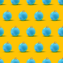 Wall Mural - Vector seamless pattern made of realistic shiny Christmas balls in blue color with shadows on trendy yellow background. New year toys. Endless winter ornament.