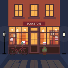 Bookshop, Bookstore Building Facade. A Lot Of Books On The Shelves. Beautiful Bicycle Near The Building. Literary Shop. Flat Style. Vector Illustration