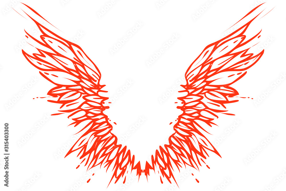 Fiery phoenix spreaded wings, vector - obrazy, fototapety, plakaty 