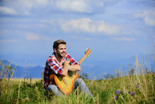 Music For Life. Country Music Song. Sexy Man With Guitar In Checkered Shirt. Hipster Fashion. Happy And Free. Cowboy Man With Acoustic Guitar Player. Western Camping And Hiking