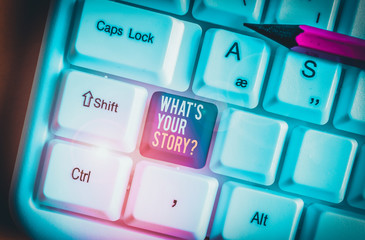Poster - Handwriting text What S Is Your Story question. Conceptual photo being asked by someone about my own journey from beginning till now White pc keyboard with empty note paper above white background key