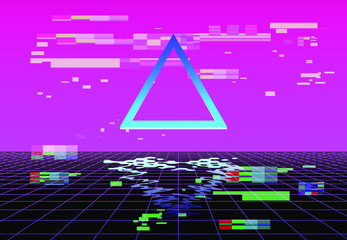 Poster - Fantasy sci-fi virtual reality retrofuturistic cyber landscape of arcade video game with neon 3d laser grid. Synthwave/ vaporwave/ retrowave style illustration, aesthetics of 80s-90s.