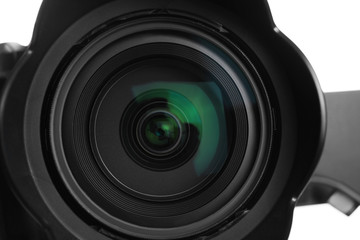 Wall Mural - Professional video camera, closeup view of lens