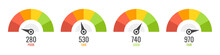 Credit Score Indicators With Color Levels From Poor To Good. Credit Score Meter Set. Vector Illustration.