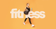 Big fitness inscription over girl going to gym