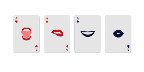 Poker aces represented by gestures in woman's mouths, isolated on white background