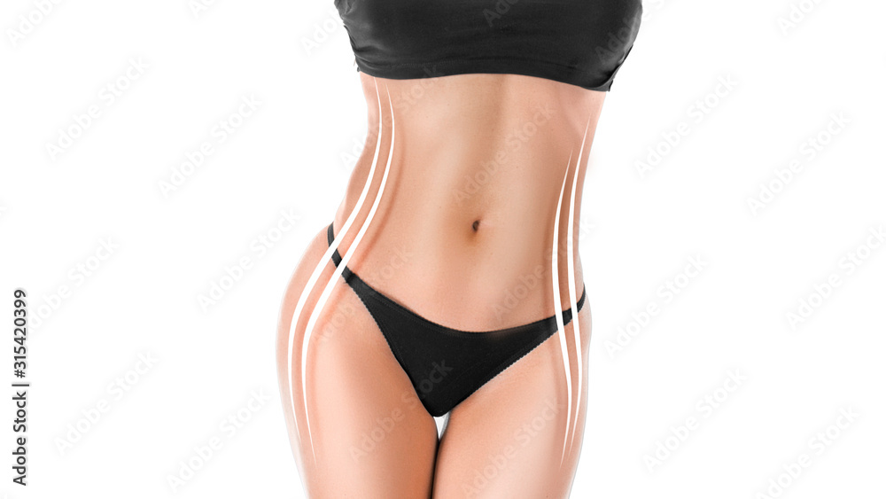 Close up photo of a sporty tanned woman's body with a figure correction lines. - obrazy, fototapety, plakaty 