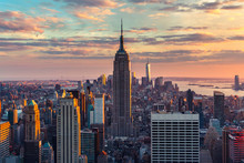 USA, New York, New York City, View Of Manhattan Skyscrapers At Sunset
