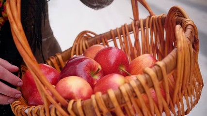 Wall Mural - young woman in traditional Russian clothes with a basket of apples in her hands in the winter forest. Slow motion