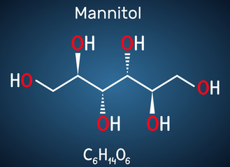 Poster - Mannitol, sugar alcohol, a sorbitol isomer molecule. It is used as a sweetener and medication. Structural chemical formula on the dark blue background