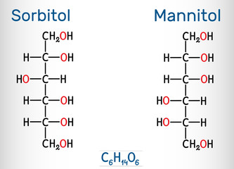 Sticker - Sorbitol and mannitol molecule, are isomers, are two types of sugar alcohols used as sweeteners. Structural chemical formula and molecule model