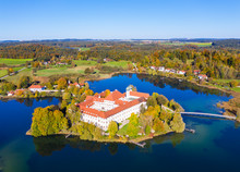 Germany, Bavaria, Seeon-Seebruck, Aerial View Of Klostersee Lake And Seeon Abbey