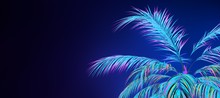 Bright Neon Palm Leaves Against Deep Blue Backdrop. Vibrant Wallpaper In A Retro Futuristic Style. 3D Illustration. Creative Graphic Design For Poster,brochure,flyer And Card.