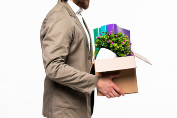 Fired businessman holding box with personal belongings isolated on white background